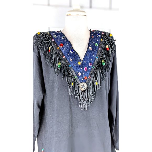 Black long sleeve western beaded stud gemstone fringe vneck tshirt top - Picture 3 of 4